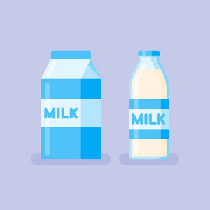 瓶和牛奶包装。平面样式图标。矢量插图
