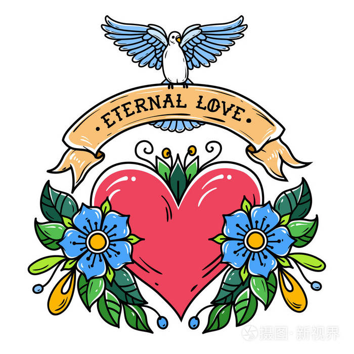 红心带花丝带和白鸽永恒的爱老学校纹身