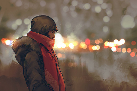 室外肖像的年轻人在冬天用散景光