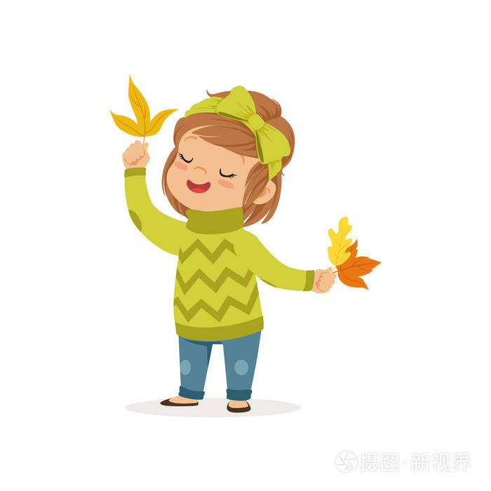 可爱的小女孩穿着绿色的毛衣捧着五颜六色的枫叶, 可爱的孩子享受秋天