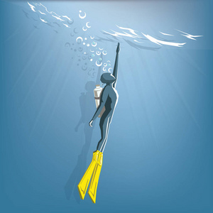 潜水员与气泡和阳光对抗表面, 矢量平坦极限运动概念和卡通设计