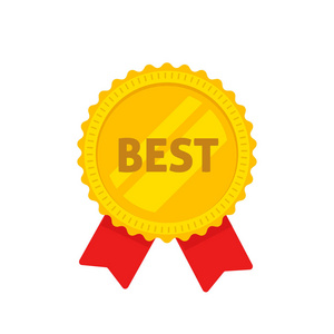 金牌以最佳的文本载体例证, 平的卡通设计金黄徽章在花环形状标签, 奖