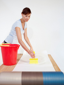 纯黑人像壁纸女人在壁纸上刷浆糊照片