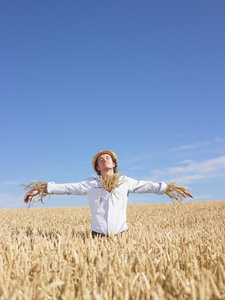 青色麦田人像麦田稻草人照片