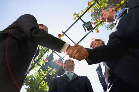 四个商务人士在花园里握手照片