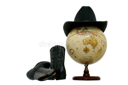 带西式帽子和靴子的地球仪图片
