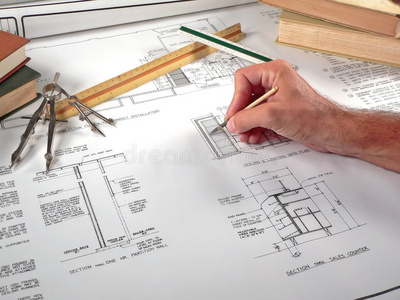 建筑师的工作空间工具和蓝图