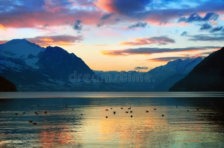 瑞士山的颜色瑞士日落湖