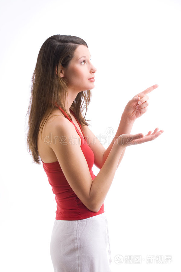 她的手指后面前额有手的人未来是光明的表明观点看一看年轻的亚洲女人