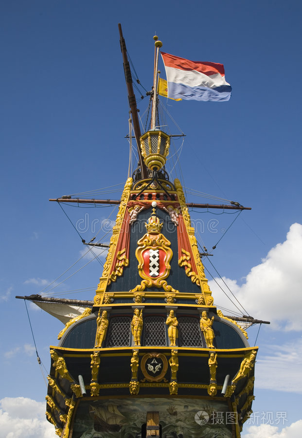 巴达维亚历史性高船的船尾高船旧船荷兰高船5海盗日落旧船旧西班牙