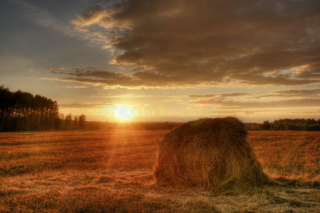 夕阳下的一堆干草农田里的干草垛农田里的干草垛干草捆闪电和捆干草