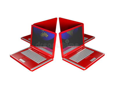 连接四台红色笔记本电脑图片