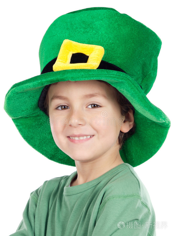 孩子圣帕特里克儿童帽带着圣诞帽和酒杯的小女孩圣帕特里克儿童帽戴着