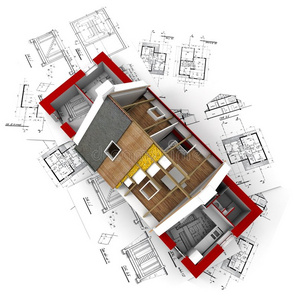 建筑师上无屋顶房屋的鸟瞰图