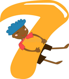 数字七 7 手绘与干笔刷快乐少年显示七根手指头,数字 7 的手势发光