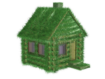 长满草的绿色小房子。