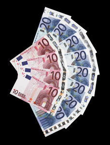 货币许多20欧元和10欧元的纸币