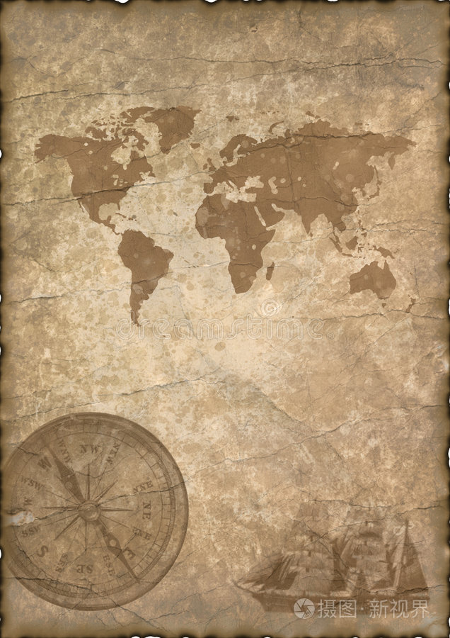 带指南针和地图的旧纸