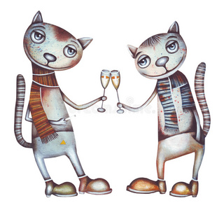 猫和香槟。派对插图。