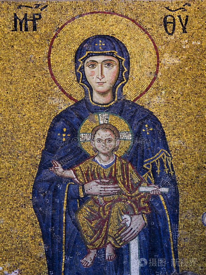 壁画拜占庭处女彩色玻璃窗奥兰塔(圣母玛利亚)圣玛丽母亲和耶稣马赛克