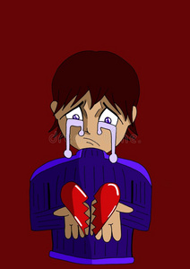 伤心的男孩手上拿着一颗破碎的心照片