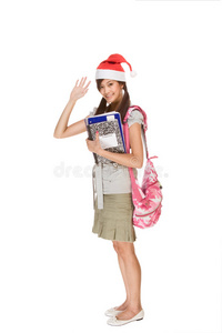 戴圣诞帽的亚洲学生打招呼图片