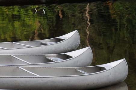平静湖水上的三只银色独木舟图片