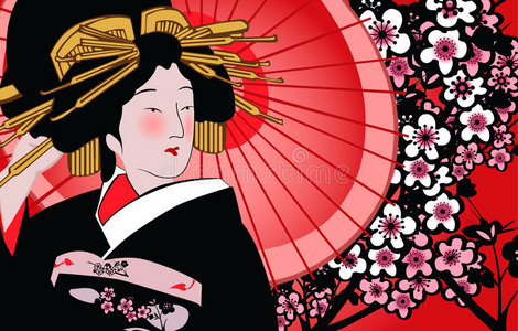 日本艺妓变成粉的绿色的日本抹茶茶水向白色的背景日本人-艺伎和武士