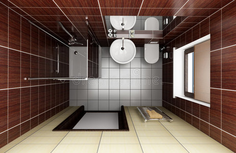 棕色瓷砖的现代浴室。俯视图
