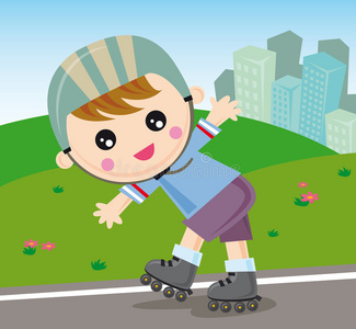 溜冰男孩穿直排溜冰鞋的卡通男孩穿溜冰鞋的小女孩男孩骑马向滚筒溜冰