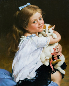 女孩和猫的画像