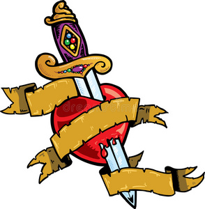 横幅纹身心脏病刀和横幅纹身插图照片