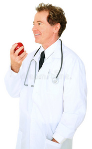 孤立的高加索医生吃苹果