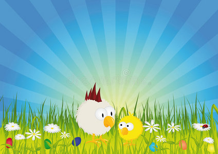 复活节绿草地上的鸡和鸡