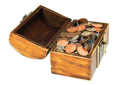 装满硬币的古代木制宝箱