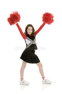 10岁的白人女孩穿着红色啦啦队服