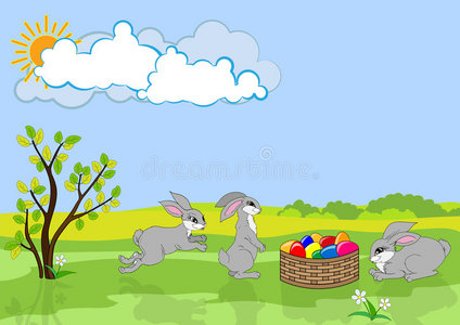 三只复活节兔子和彩蛋篮子。