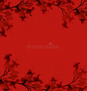 红色罗纹手工纸上的花朵印花图片