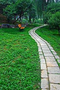 池塘小路公园里弯曲的小路照片