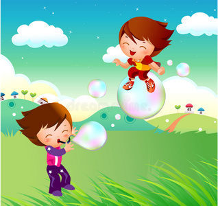 在草上飞孩子们在泡泡上飞照片
