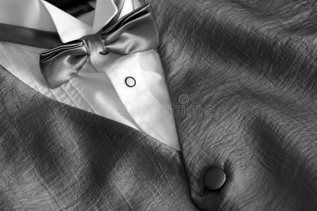 灰银色夹克配白衬衫和蝴蝶结