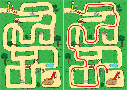 公园迷宫景观公园树迷宫游戏公园迷宫中的遛狗游戏年轻女人放松在公园