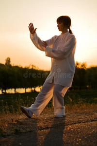 太极平衡穿白西装的女人做太极拳-10照片