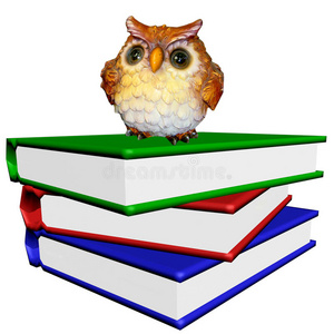 一堆书和聪明的猫头鹰