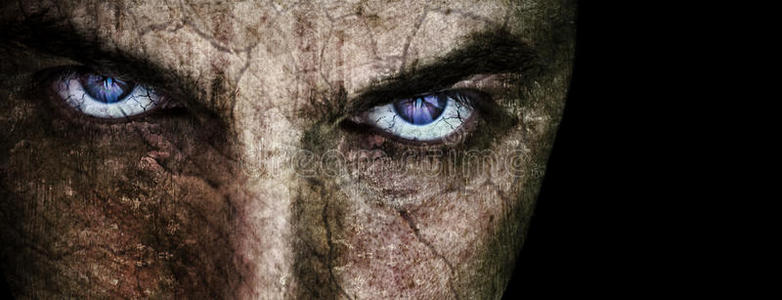 邪恶眼睛带绿色眼睛的万圣节怪物,有文字的地方恶魔之眼恐怖电影海报