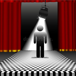 图解黑色地板棋盘地板上的聚光灯下的人照片