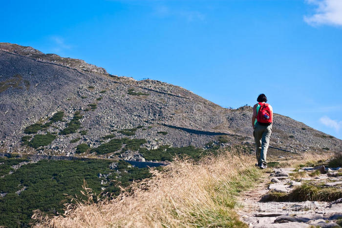 登山旅游者登上山顶