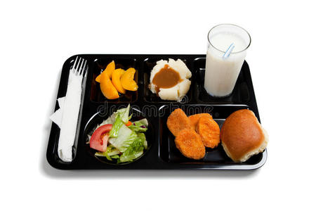 白色背景的黑色学校午餐盘