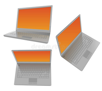 三台橙色屏幕的笔记本电脑