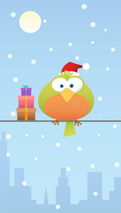 带圣诞帽和礼物的绿色小鸟